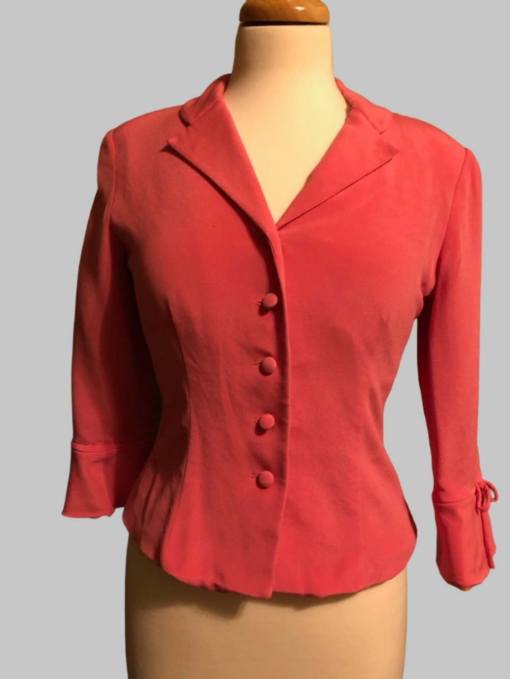 VTG Maggy London 100% Silk Tapered Blazer Jacket Coral Pink 3/4 Tied Sleeve (6)